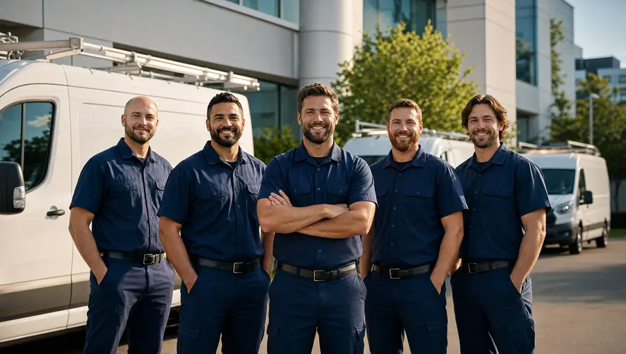Solstice technician team in front of service vans at a commercial property